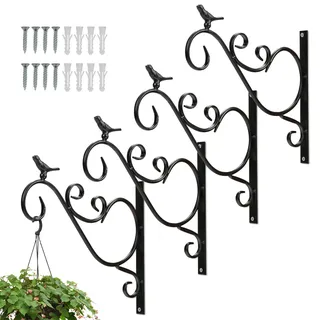 TolleTour 4 Stück Haken Wandhalterung Blumenampel Landhaus Gusseisen Konsole Regal Aufhänger Wandhaken Blumenhaken Laternenhalter Vogel 26 cm - Schwarz