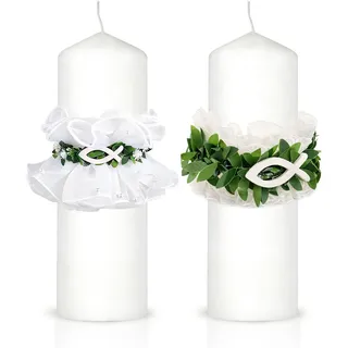 2 Stück Tropfschutz Taufkerze Set, Elegante Tropfschutz Kommunionkerze Dekoration mit Holzfisch und Blättern, Kerzenkranz für Stabkerzen Durchmesser 3-6cm, Perfekt für Kommunion, Taufe