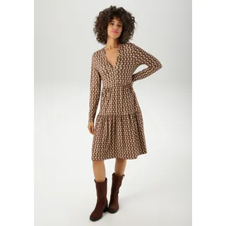 Jerseykleid ANISTON CASUAL, Damen, Gr. 46, N-Gr, braun (beige, braun, sand), Single Jersey, Obermaterial: 95% Viskose, 5% Elasthan, bedruckt, gemustert, figurumspielend kniefrei, V-Ausschnitt, Kleider Jerseykleid, mit farbharmonischem Retro-Muster