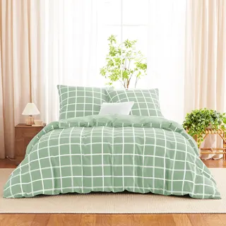 WAVVE Bettwäsche 155x220 3teilig Bettbezug Mikrofaser Bettwäsche-Sets 155 x 220 cm mit 2 Kissenbezüge 80x80cm, ÖKO-TEX, Wendebettwäsche Bedding grün Karomuster Muster mit Reißverschluss