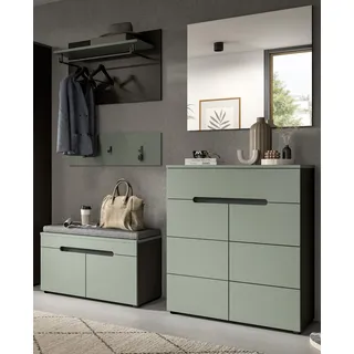 Garderobe Set 5-teilig "Cooper" in Salbei Grün und Basalt Grau 175 cm, Soft-Close und inklusive Sitzkissen - Grün, Grau