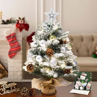 Künstlicher Weihnachtsbaum mit Beleuchtung, Geschmückter Mini Weihnachtsbaum inklusive Schmuck und stabilem Stoffsockel für Festliche Tischdeko, Weihnachten