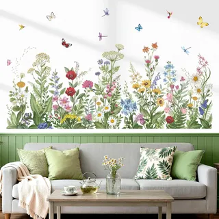 wondever Wandtattoo Grüne Pflanzen Wildblumen Wandaufkleber Blumenwiese Gras Blätter Schmetterling Wandsticker Frühling Wanddeko für Wohnzimmer Schlafzimmer Sofa Hintergrund