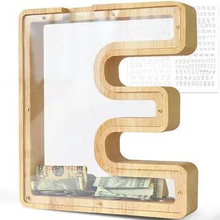 DBPBToU Spardose aus Holz Buchstaben, Groß Durchsichtig Sparschwein für Kinder, 23 * 4 * 23cm Große Personalisierte Sparbox, Lustige Piggy Bank für Geburtstag Geschenk/Heimdekoration/Keepsake (E)