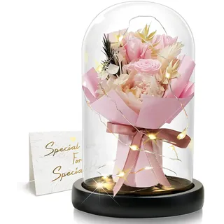 DINGHENG Ewige Rose im Glas mit LED, Rosa Rose Blumenstrauß, Geschenk für Frauen, Dekoration für Zuhause, Langlebige Echte Blumen für Freundin Weihnachten Valentinstag Muttertag Geburtstag