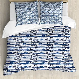 ABAKUHAUS Palme Bettbezug, Papierboote auf Wellen, Milbensicher Allergiker geeignet mit Kissenbezügen, 155 cm x 220 cm - 80 x 80 cm, Blau Dunkelblau Weiß