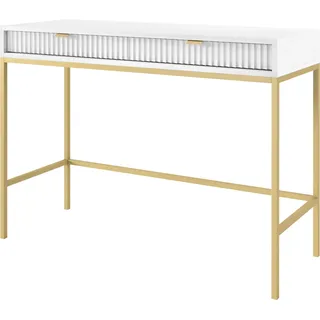 NOVA Schminktisch 2 Schubladen, Goldgriffe, geriffelte Fronten, Weiß Matt, Metallbeine Gold, 104x78x50 cm - Weiß, Gold