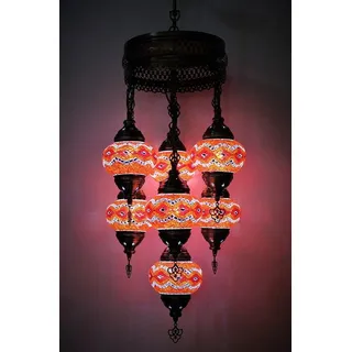 7-flammige türkische Hängelampe aus rotem Mosaikglas – orientalische Deckenleuchte mit 7 Kugeln - Rot