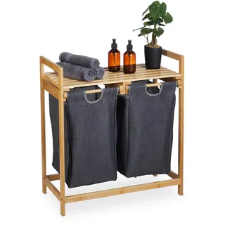 Relaxdays Wäschekorb Regal, Bambus, ausziehbar, HBT: 73 x 64 x 33 cm, 2 Fächer & 1 Ablage, Wäschesammler Bad, natur/grau