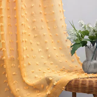 KOUFALL Durchscheinende Vorhänge für Wohnzimmer, rückseitige Stangenschlaufen, Boho, Fenstervorhänge, Halbvoile, Pompons, getuftet, strukturiert, 2 Paneele, 244 cm lang, goldfarben, senfgelb