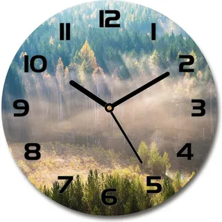 Wanduhr aus Glas 30fi Glasbild Glasuhr Gehärtetes Glas - schwarze-zeiger - Fog in the forest - Grün
