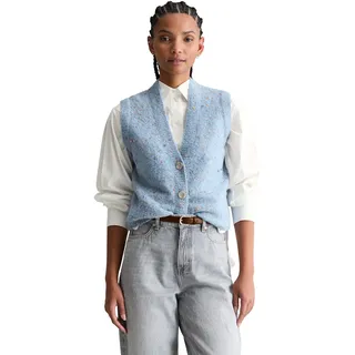 Strickweste MARC O'POLO DENIM, Damen, Gr. XS, blau dusk, Strick, Obermaterial: 77% Schurwolle, 15% Polyamid, 8% Viskose, regular fit normal, tiefer V-Ausschnitt, Westen Strickweste, ärmelloser Bouclé-Cardigan regular fit aus Schurwolle-Viskose-Mix