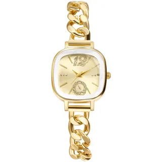 JewelryWe Damenuhr Kleine Quadratische Uhr: Glitzer Zirkonia Analog Quarz Armbanduhr Damen Gold Kubanisches Armband Uhr mit Schmalem Panzerkette Metallarmband & Eckigem Zifferblatt