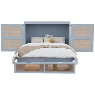 Okwish Schrankbett 140/200 cm grau mit Stauraumschubladen im Rattan-Design , Grau , Holz , 140x200 cm , Schlafzimmer, Betten
