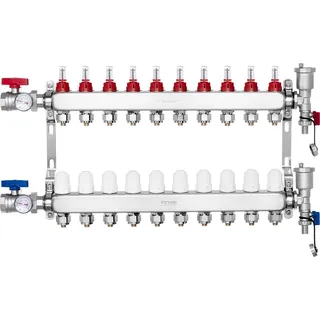 Vevor 10-Zweig-Wärmeverteilungsverteiler, 1/2-Zoll-PEX-Rohrverteiler, Edelstahl-PEX-Verteiler für hydronische Fußbodenheizung,