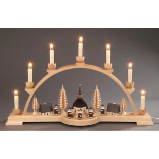 Schwibbogen ALBIN PREISSLER "Seiffener Dorf, Handwerkskunst aus dem Erzgebirge", beige (natur), B:60cm H:34,5cm T:11cm, Holzwerkstoff, Schwibbögen, Schwibbogen, elektrisch beleuchtete Weihnachtsdeko