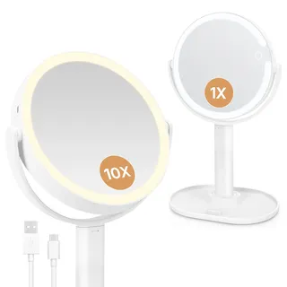 WSIYOK Schminkspiegel mit Beleuchtung, LED Kosmetikspiegel Doppelseitig, 1X 10X Spiegel mit Licht Rund 360° Drehbar, 3 Farblicht Dimmbare Helligkeit, Vergrößerungsspiegel für Reisen Badezimmer