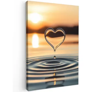 MuchoWow Leinwandbild Herz - Wasser - Sonnenuntergang - Natur - Zen Deko Groß 90x140 cm , Bernsteinfarben , Textil , Kiefer , Rechteckig , 90x140 cm , FSC 100% , gerahmt , Bilder & Rahmen, Bilder, Leinwandbilder