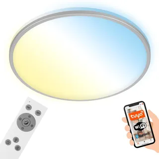 Briloner - LED Deckenlampe flach Smart Home, funktioniert mit Alexa, Fernbedienung, Lampe, Deckenleuchte, Wohnzimmerlampe, LED Panel, Schlafzimmerlampe, 49x7,7 cm, Chrom-Matt