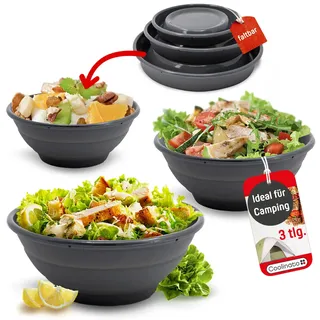 Coolinato Faltbare Schüssel aus Silikon, 16, 20 und 24 cm, grau, Faltschüssel zum Aufbewahren, Servieren und Frischhalten, Obst und Salat Schüssel für Küche und Camping