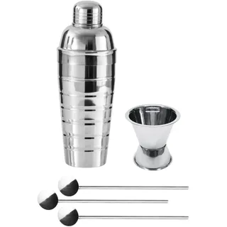 Fackelmann 9936950 Trio Cocktails mit Cocktail-Shaker 750 ml, Alkoholdosierer für Cocktails 4 cl und 3 Cocktaillöffeln Strohhalm, Barkeeper, Mixologie, Edelstahl, Silber, 26 x 8,5 x 8,5 cm