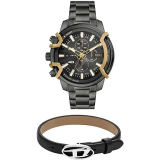 Diesel Herren Griffed Grau Edelstahl-Uhr und Stackables Schwarzes Lederarmband, Set