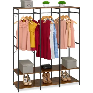 Relaxdays Garderobe, offen, Kleiderschrank, Ablagen & Stange, HBT: 180x141x40 cm, Kleiderständer, Metall, schwarz/braun