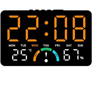 CWOQOCW Große LED Digitaluhr mit Anzeige für Zeit, Luftfeuchtigkeit,led Uhr, Temperatur, Datum, Wecker und Komfortniveau, konzipiert für Wandmontage oder Flache Aufstellung (orange)