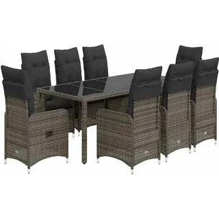 vidaXL 9-tlg. Garten-Bistro-Set mit Kissen Grau Poly Rattan - Grau