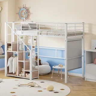 Flieks Etagenbett 90x200cm mit Treppe, Hochbett Kinderbett mit Staufach und Kleiderstange, Metallbett Einzelbett Jugendbett mit Lattenrost, Weiß - Weiß