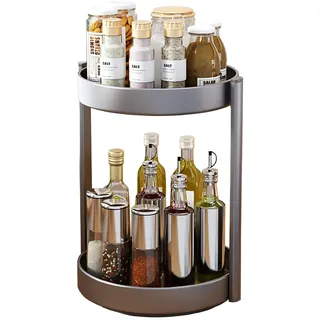 JOUING Drehteller Organizer Gewürzregal Drehbar 2 Etagen Metall Lazy Susan für Schrank Drehbares Gewürzregal für Küche Organizer für Kosmetik, Badezimmer(Grau)