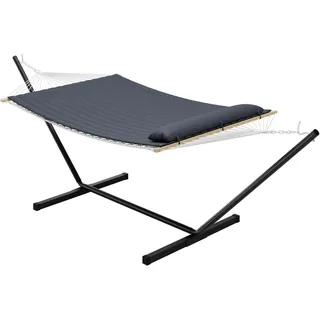 IDEALHOUSE Doppelhängematte mit Gestell für 2 Personen – freistehend, schnell aufgebaut – gepolstert & gesteppt inkl. Kissen & Aufbewahrungsnetz – bis 204 kg – für Garten, Terrasse, Balkon & Camping –