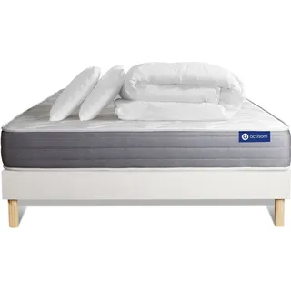 Komplettpaket Bett - Matratze 180x200 cm + Boxspringbett mit Lattenrost (im Set) + 2 Kopfkissen + Bettdecke - Actiflex Dream - Weiß
