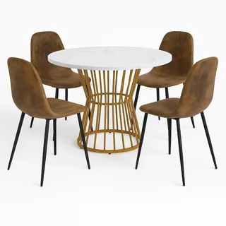 Urban Meuble Esstisch SET mit 4 Retro-Stühlen , Braun , Holzwerkstoff, Metall, Textil , Rund , 100x75x100 cm , Esszimmer, Bänke, Tischgruppen & Eckbankgruppen