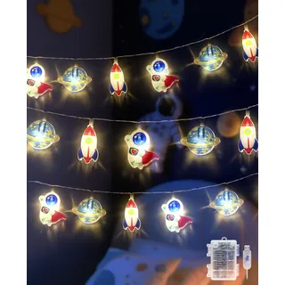 AceList 20 LED Rakete Lichterkette Kinderzimmer, 3M Warmweiß Lichterkette Kinder, USB/Batteriebetrieben, 8 Modi Astronaut Planeten Anhänger Lichterketten für Außen Innen Bett Party Deko, Geschenk