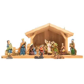 mgc24 Weihnachtskrippe Tischkrippe aus Holz mit 11 handbemalten Figuren | Komplettes Krippenspiel mit Krippenstall und LED-Beleuchtung | dekorative Weihnachtsdekoration für Advent & Festtage