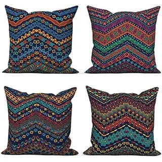 Boho kussensloop set 40 x 40 cm, retro geometrisch gestreept, groen, polyester en vlas, wasbaar, indoor/outdoor - Grün