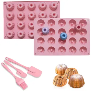 2 Stück Mini Gugelhupfform Silikon Gugelhupf Backform Kuchenform Mit 20 Mulden Und 3 Silikonspateln Für Die Zubereitung Von Waffeln, Schokolade, Gelee, Pudding Und Eis (Rosa)