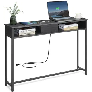 VASAGLE Konsolentisch mit Steckdosen, Beistelltisch mit 2 Fächern, schmal, 25 x 120 x 81 cm, platzsparend, für Eingangsbereich, Wohnzimmer, anthrazitgrau-tintenschwarz LNT111B01