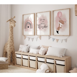 MeinBaby123® Bilder Kinderzimmer | 3er Set DIN A2 Poster Set | Kinderzimmer Poster | Deko Bilder | Kinderzimmer Wandposter Premium (Fuchs & Luftballon rosa A2)