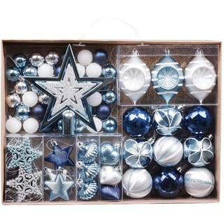 Valery Madelyn Weihnachtskugeln 70Stück 3-16cm Plastik Christbaumkugeln Weihnachtsbaumschmuck mit Weihnachtsbaumspitze und Aufhänger Weihnachtsdeko Winterwünsches Thema Silber Blau MEHRWEG Verpackung