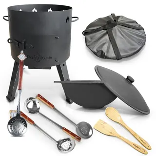 Utschak Feuerofen mit Gusseisen Topf flacher Boden mit Deckel 16 L Ø 44 cm Kazan Schaumlöffel Abdecktasche Holzlöffel Schöpfkelle Учаг Uchag казан Kasan Oven (Set 7)