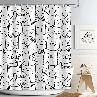 APROPHIC Duschvorhang Katze 180x180 Schwarz Weiß Niedliche Katze Bad Vorhang Spaß Badezimmer Dekor Bauernhaus Polyester Kunst Badezimmer Badewanne Vorhang mit 12 Haken