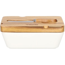 HOMLA MOOKA Butterdose mit Deckel und Messer Porzellan - Butterglocke Butterschale Box für Butter Behälter - Holz Edelstahl Weiß 11x16 cm
