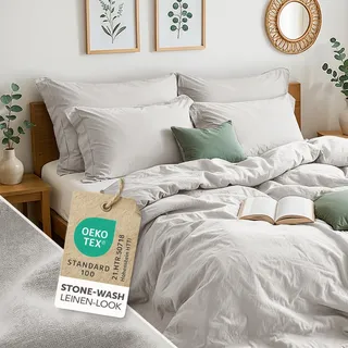 Blumtal Bettwäsche 135x200 Leinen Optik 2teilig mit Kissenbezug 40x80cm - Bettbezug leinenartige Baumwolle, ähnlich wie Leinen Bettwäsche 135 x 200 cm - Oeko-TEX zert. Stone Washed Bettbezug Grau