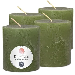DecoLite Stumpenkerzen Rustik 7x8 cm, 25h Brenndauer, 4er Set, Olive