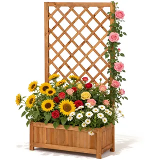 Hochbeet mit Rankgitter aus Holz, Pflanzkasten mit Rankhilfe für Kletterpflanzen, Vertikales Gartenbeet für Blumen, Gemüse & Kräuter, Blumenkasten für Balkon, Terrasse & Garten, Höhe 120cm