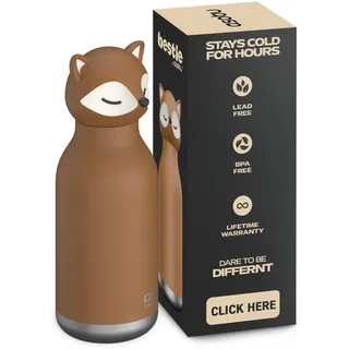 ASOBU Bestie Kindertrinkflasche mit Strohhalm – Isolierte Edelstahlflasche 420ml mit Fuchskopf – Auslaufsicher & BPA-frei