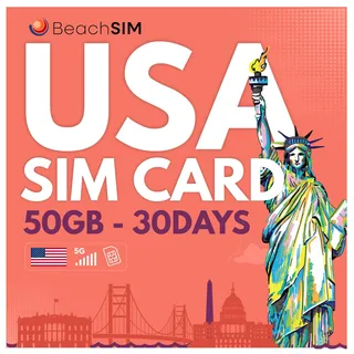 BeachSIM USA SIM Karte 30 Tage. 50 GB Datenvolumen mit 4G/5G-Netzen. Schnelle Aktivierung. Einfaches Aufladen. Nur Daten. Funktioniert auf iOS- und Android-Geräten.