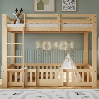 Flieks Kinderbett Etagenbett 90*200cm mit Rausfallschutz, Leiter und Tür, Spielbett für Kinder Hochbett - Naturbelassen